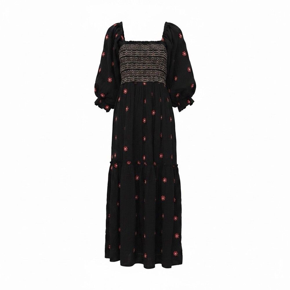 Free People Dahlia Embroidered Floral Maxi Dress SZ Medium Boho Cottage Prairie - Picture 4 of 8
